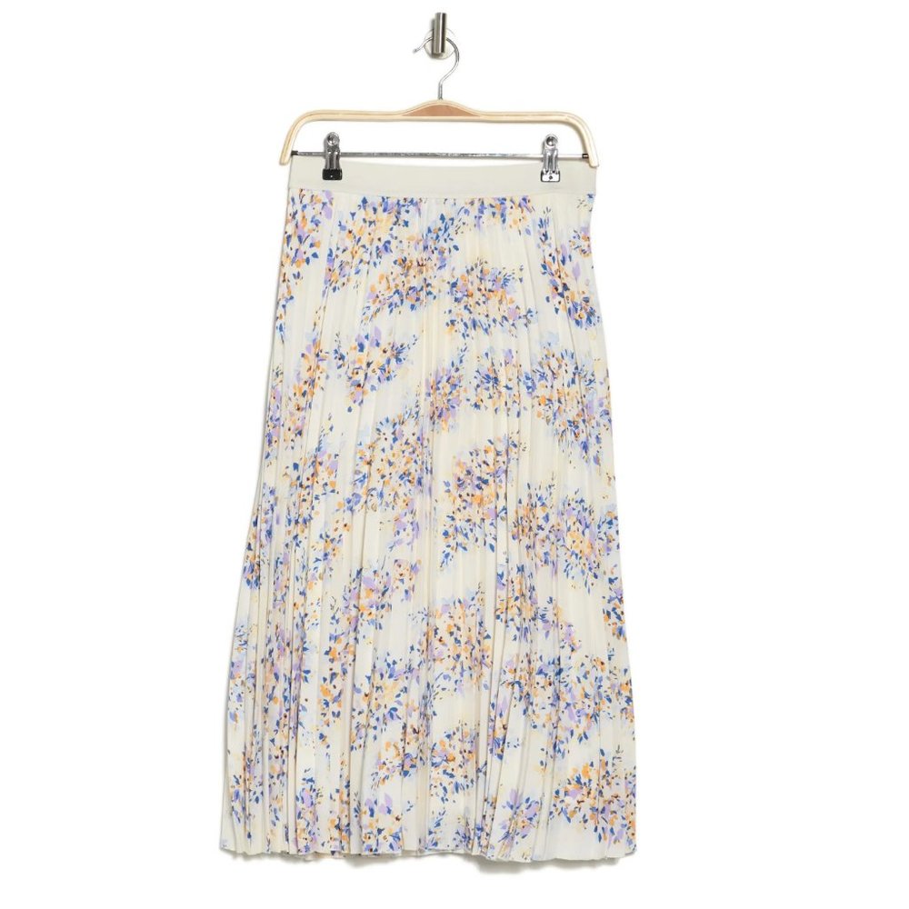 Small - VINCE CAMUTO - Floral Pleated Midi Skirt Ivory Lavender Blue NEW - Picture 3 of 3